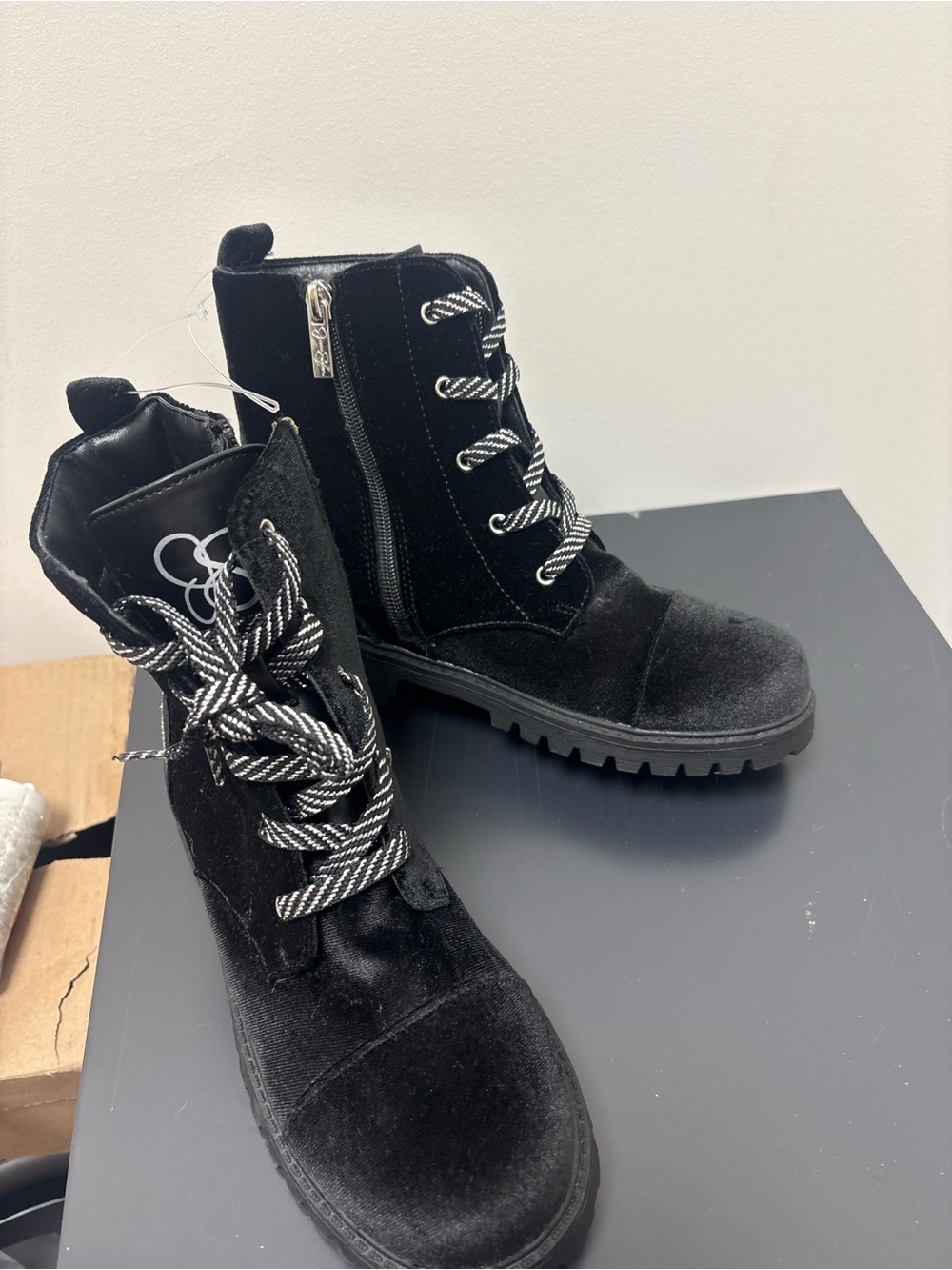 Women's Black Velvet Combat Boots with Contrast Laces
